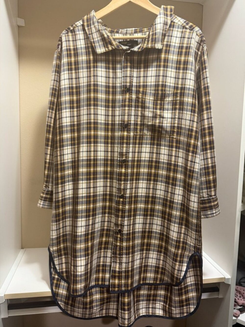 Maje Plaid Longline Shirt Tunic Oversized Button Down Brown Cream Size 1 (S)